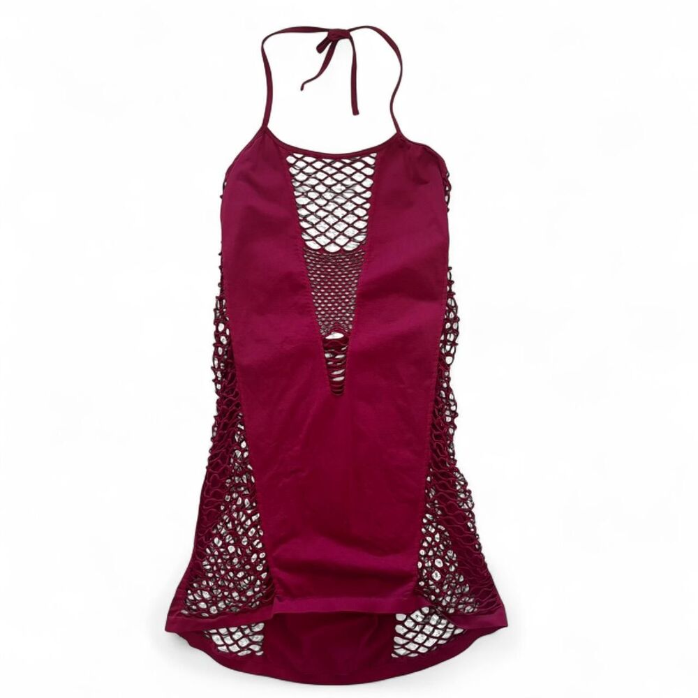 magenta fishnet halter top